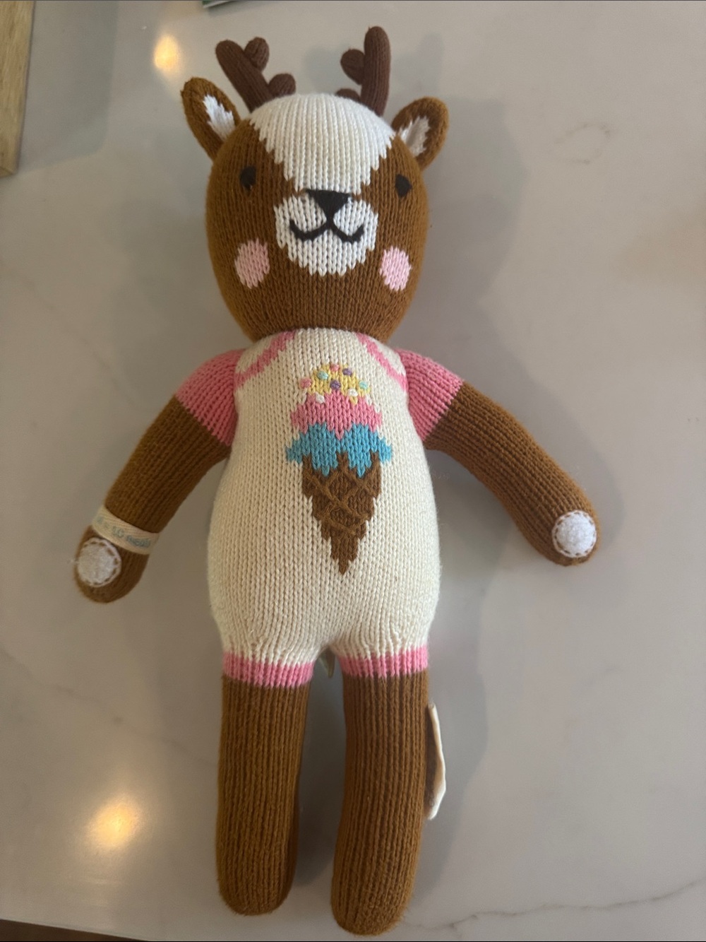 Cuddle And Kind Plush Knit Reindeer Toy - Brown & Cream with Pink Accents
